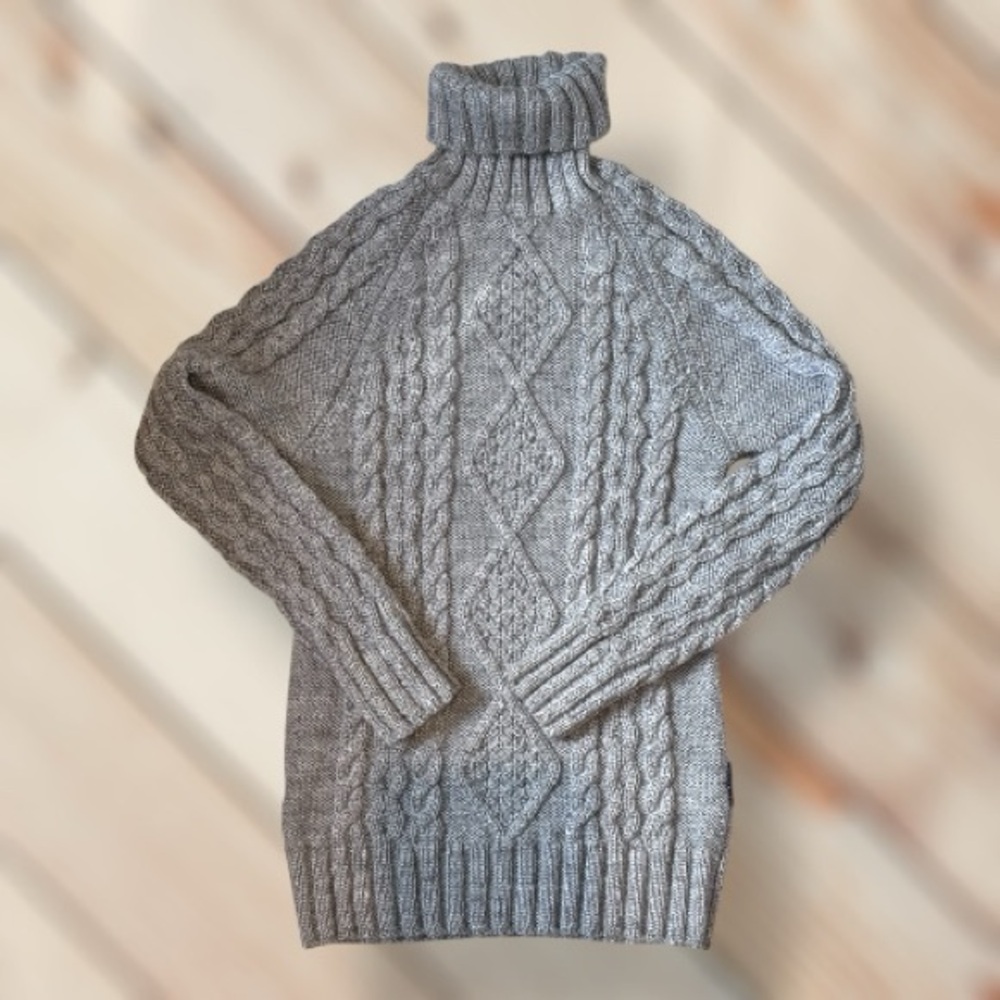 Woolovers 100% Wool Cable knit Fisherman's chunky Turtleneck Sweater
